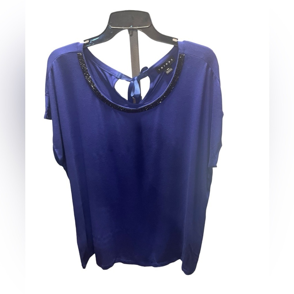 Tribal Blue Beaded Neckline Short Sleeve Tie Back Top Plus Size XXL